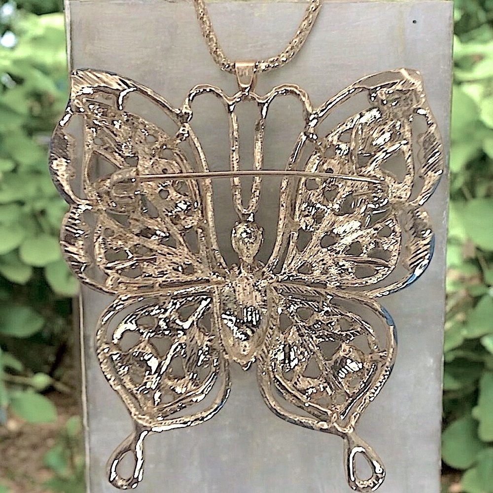 Butterfly Blue Crystal Gold Plated Chain Necklace Brooch Combination - Picture 5 of 5